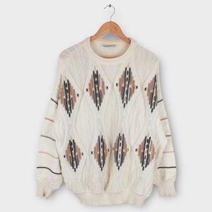 Vintage St. Croix Knit Coogi Style Sweater Cream Cotton 90s Mens Large